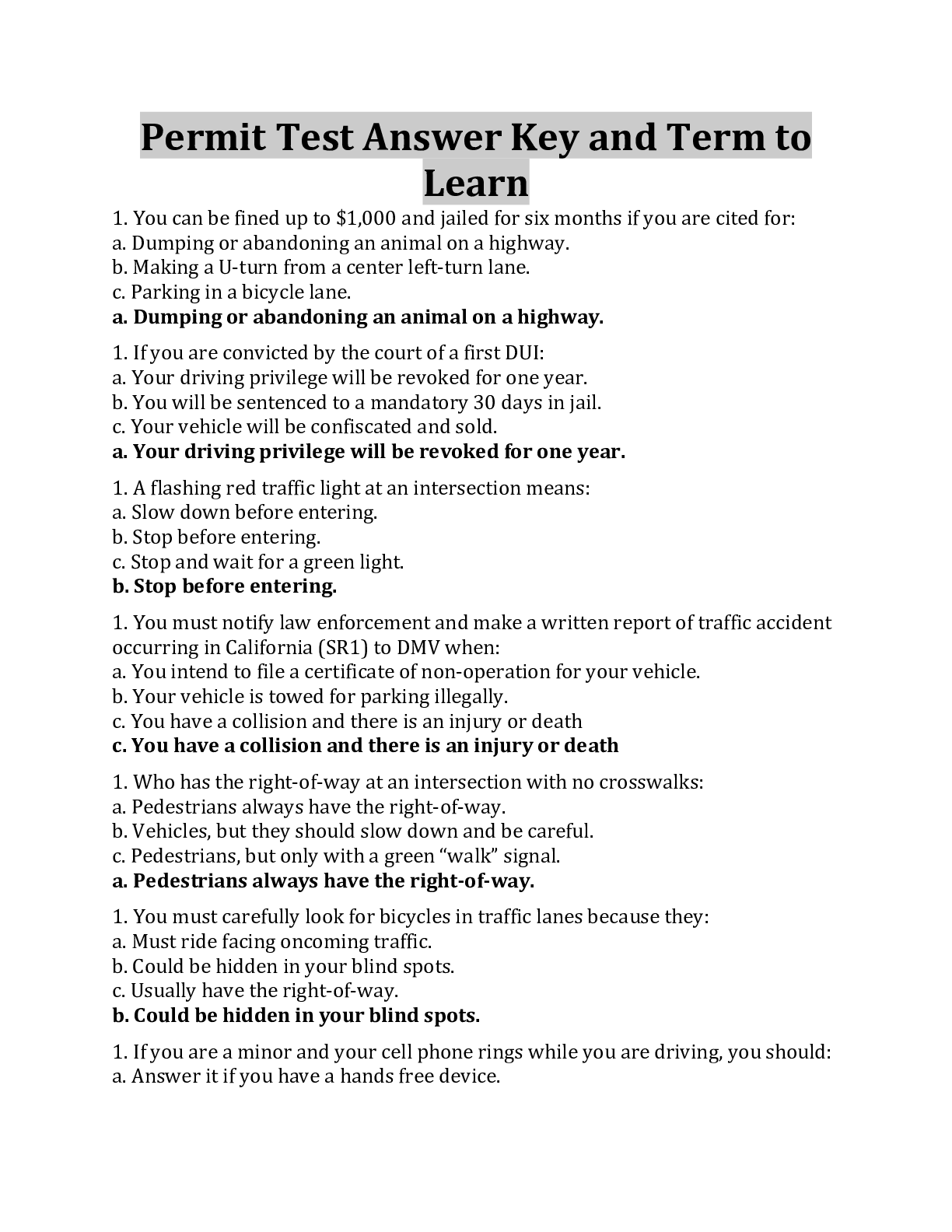 Preview image for Permit Test Answer Key and Term to Learn